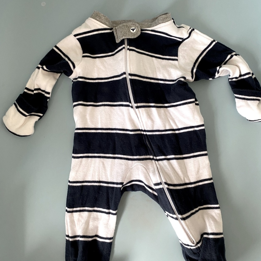 Burt’s Bees newborn zip-up footie pajamas with fold-over mittens. $8/each